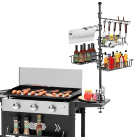 Enhanced barbecue rack storage unit with tissue holder, carbon steel grill rack featuring storage basket and 10 hooks